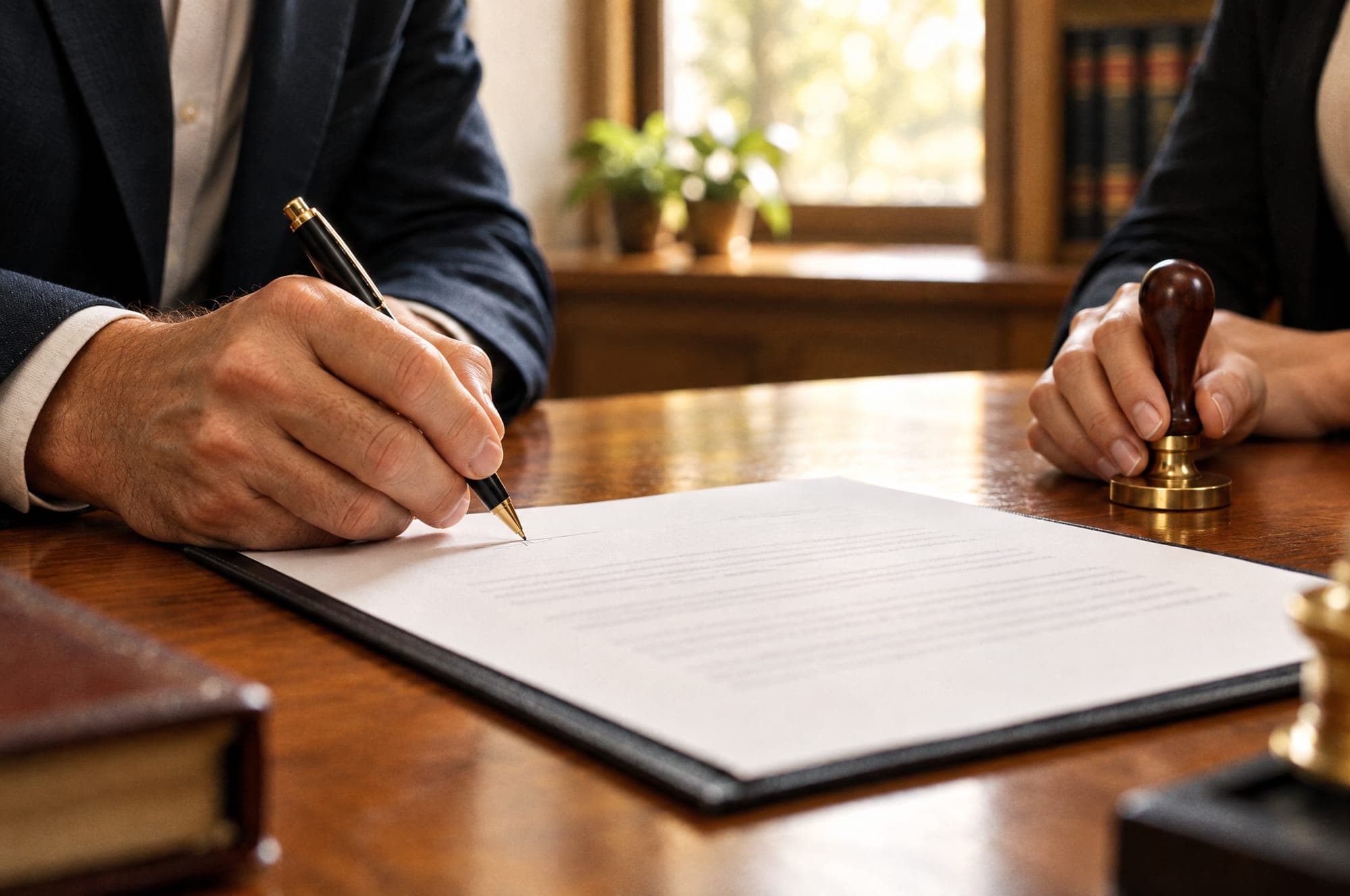 A man signs a document while the notary's hand rests on her stamp beside it.